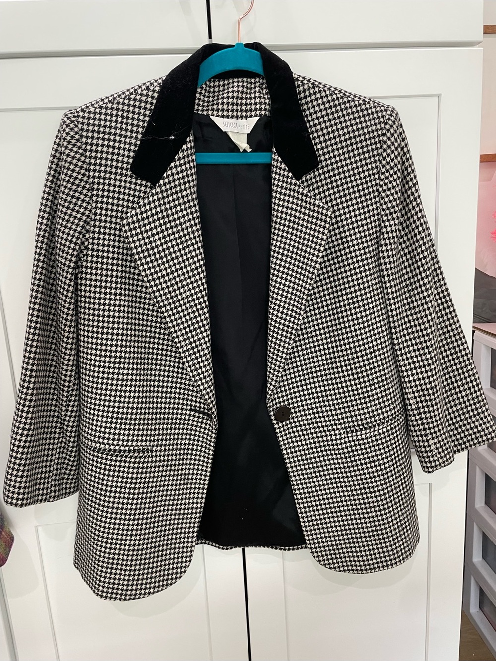 Vintage Sellecca Houndstooth Blazer with Velvet Collar - Black & White